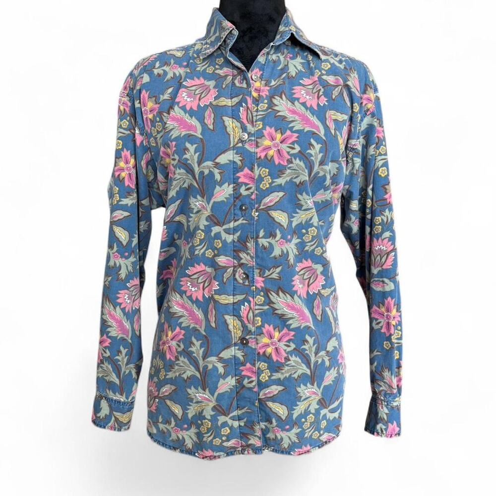 90s Relaxed Blue Floral Button Up – Guess Jeans Cottagecore Botanical Mens S